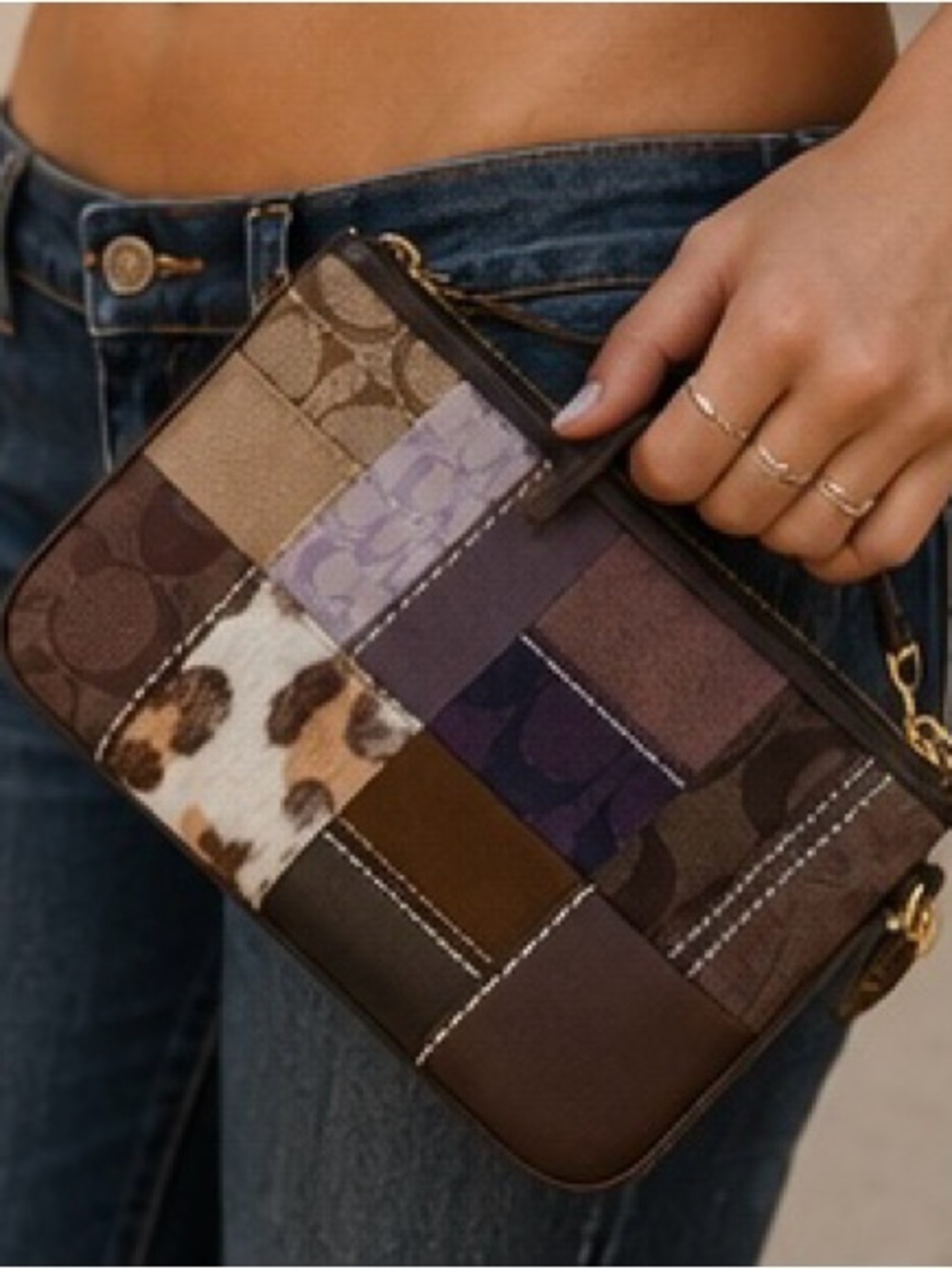 Coach Patchwork Wristlet Y2K Brown Signature Canvas Leather Leopard Print Clutch
